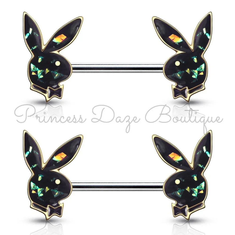 Playboy Gold/ Dark Green Opal Barbell Nipple Ring‎